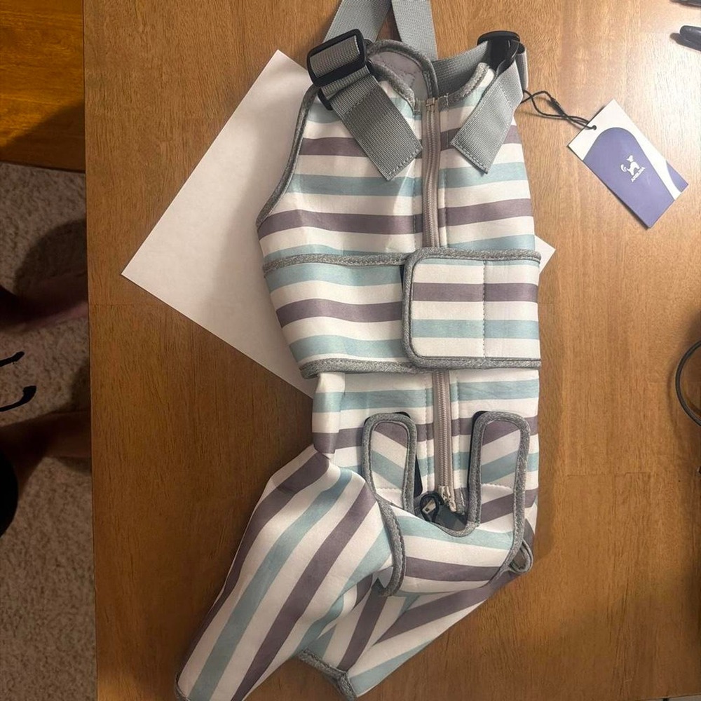 ARBLINA Dog Recovery Suit Striped Green Gray White Pet Outfit Small NWT